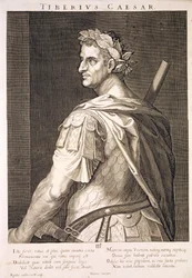 Tiberius Caesar (10 v. Chr. - 54 n. Chr.) Kaiser von Rom 14-37 n. Chr., graviert von Aegidius Sadeler (1570-1629)
